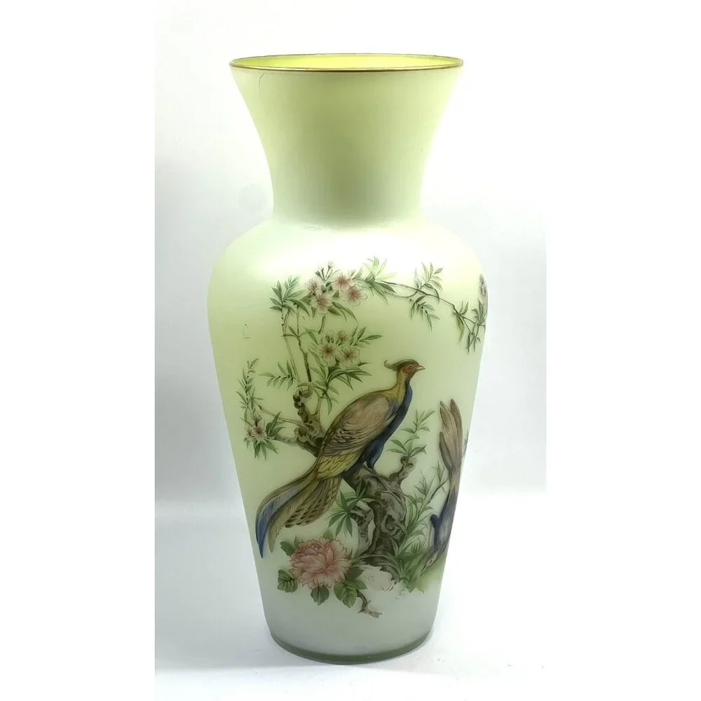 Vintage Norleans Cased Satin Glass Hand Painted Bird & Flowers Glass Vase 14